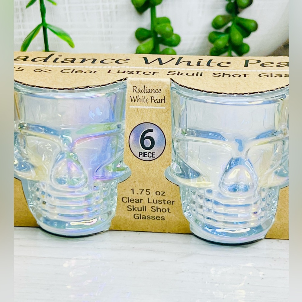 Clear Luster Skull Shot Glasses - Iridescent White Pearl  (6 Piece) NEW